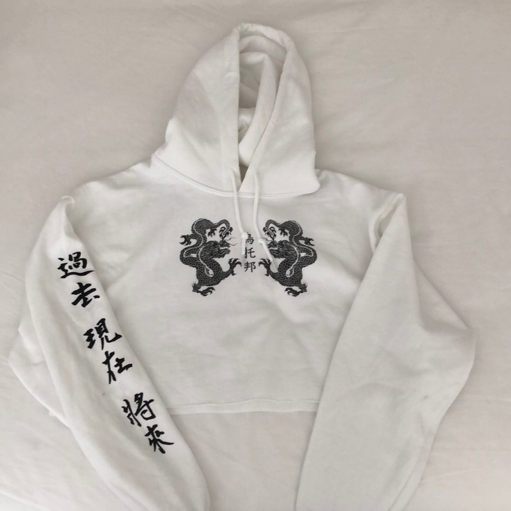 Urban Outfitters Cropped White Hoodie Black Dragon